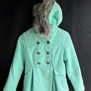 Cat & Jack L (10/12) Girls Peacoat, Teal, Button-Up, Faux Fur
